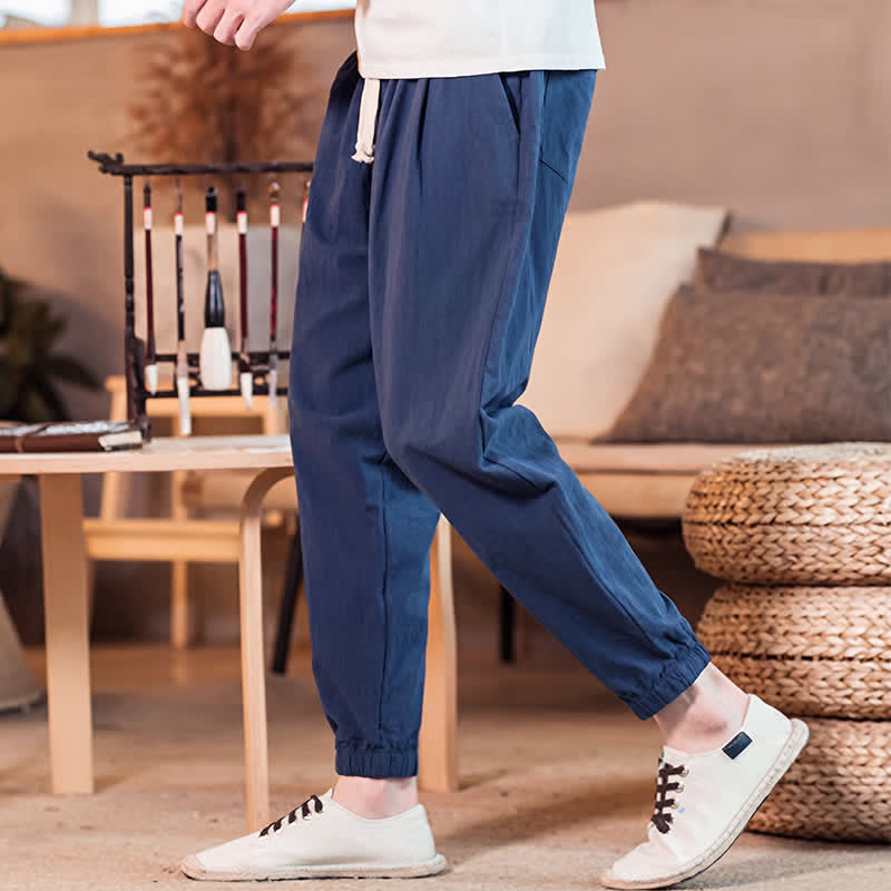 Buddha Stones Spring Summer Casual Minimalist Drawstring Solid Cropped Pants Men's Tapered Pants With Pocket - image 3