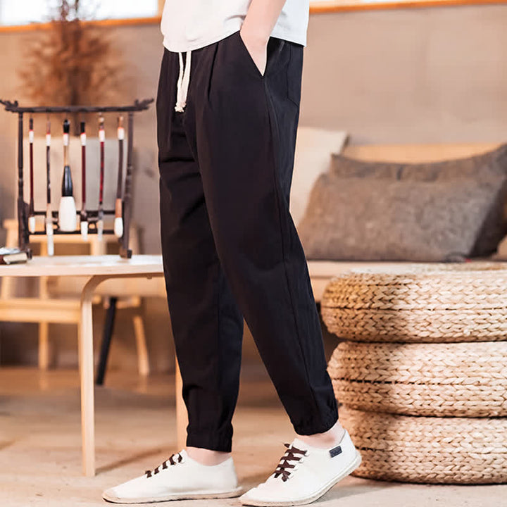 Buddha Stones Spring Summer Casual Minimalist Drawstring Solid Cropped Pants Men's Tapered Pants With Pocket - image 24