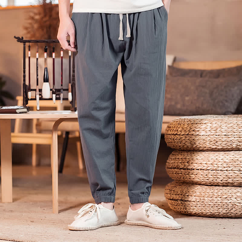 Buddha Stones Spring Summer Casual Minimalist Drawstring Solid Cropped Pants Men's Tapered Pants With Pocket - image 9