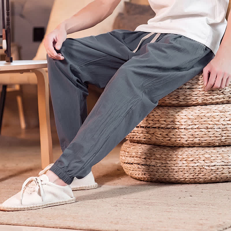 Buddha Stones Spring Summer Casual Minimalist Drawstring Solid Cropped Pants Men's Tapered Pants With Pocket - image 20