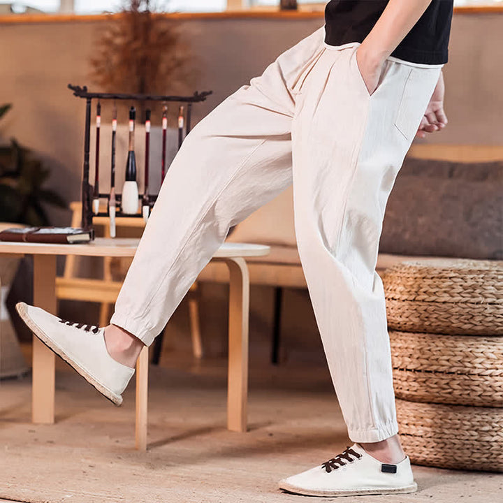 Buddha Stones Spring Summer Casual Minimalist Drawstring Solid Cropped Pants Men's Tapered Pants With Pocket - image 33