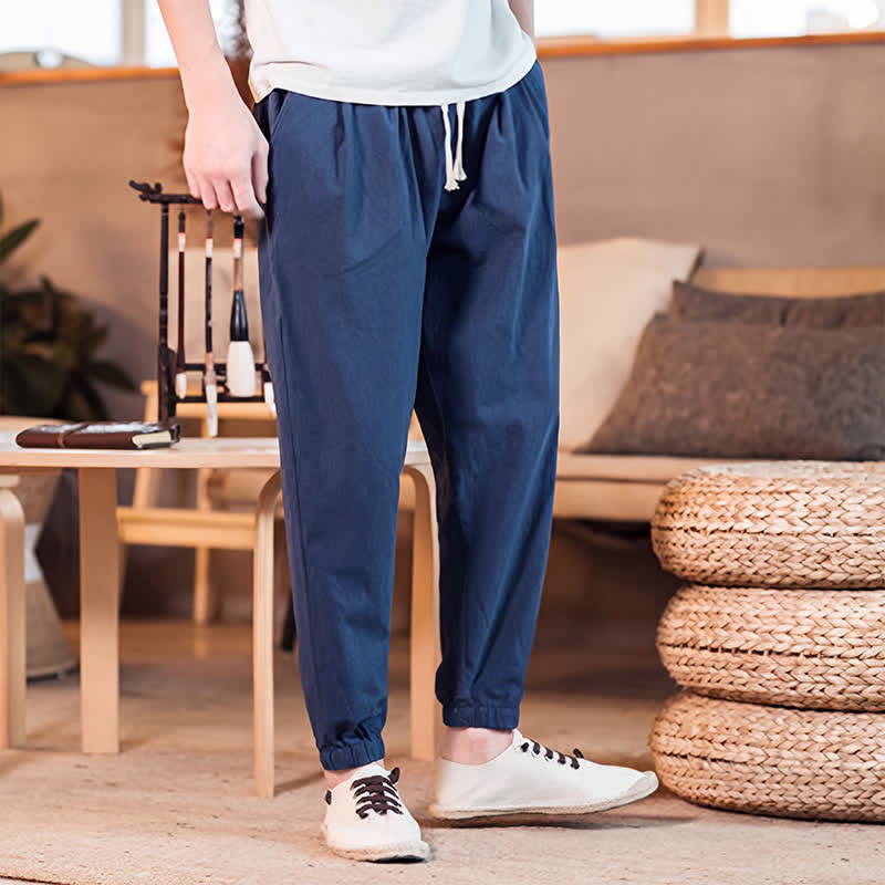 Buddha Stones Spring Summer Casual Minimalist Drawstring Solid Cropped Pants Men's Tapered Pants With Pocket - image 4