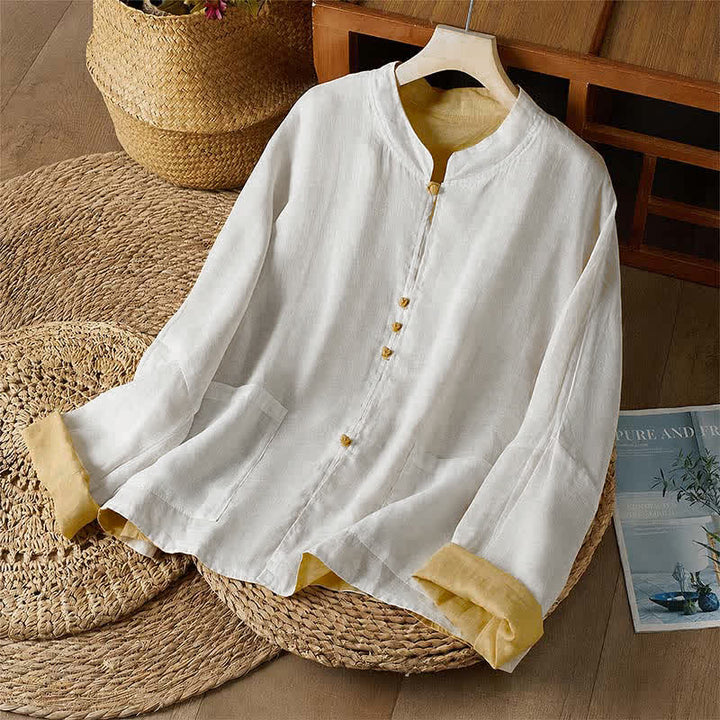 Buddha Stones Spring Fall Tang Style Casual Crew Neck Solid Reversible Design Women's Long Sleeve Shirts With Pocket - Khaki - US14, UK/AU18, EU46 (2XL) - image 0