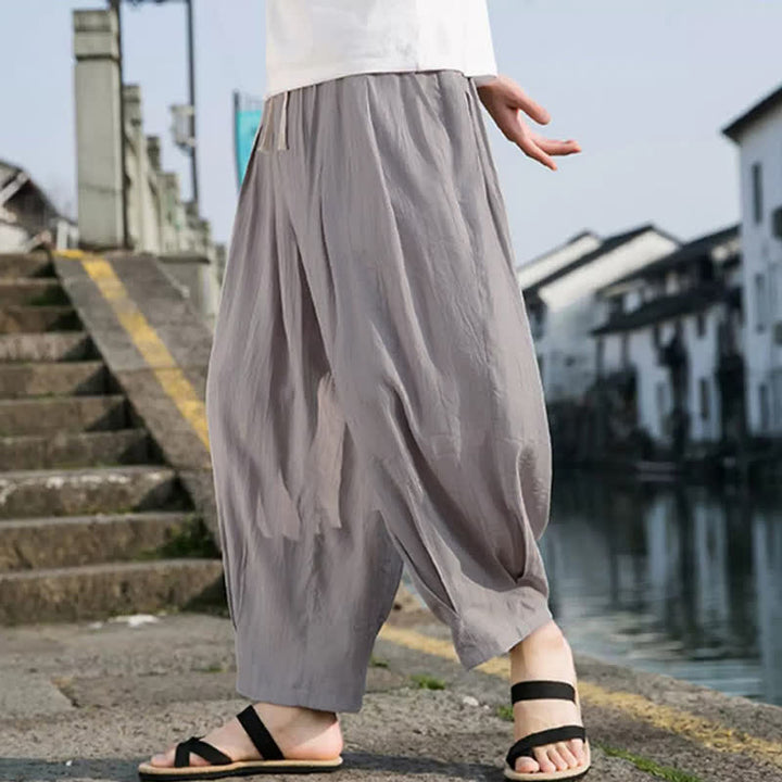 Buddha Stones Summer Casual Drawstring Solid Cropped Pants Men's Straight Leg Pants With Pocket - image 16