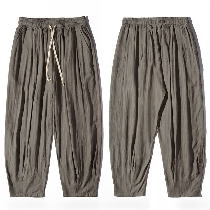 Buddha Stones Summer Casual Drawstring Solid Cropped Pants Men's Straight Leg Pants With Pocket - image 7