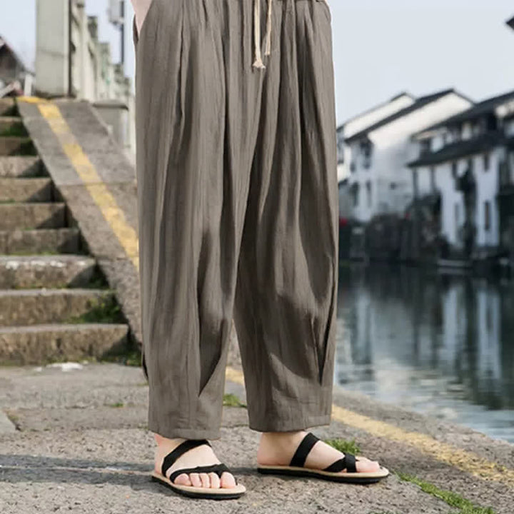 Buddha Stones Summer Casual Drawstring Solid Cropped Pants Men's Straight Leg Pants With Pocket - image 5