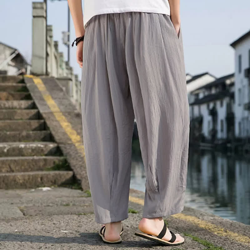 Buddha Stones Summer Casual Drawstring Solid Cropped Pants Men's Straight Leg Pants With Pocket - image 13