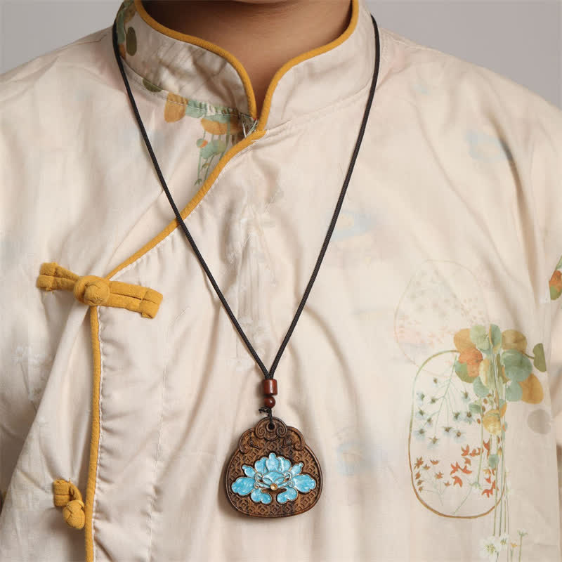 Buddha Stones Sappanwood Lotus Purity Enamel Inlaid Braided Rope Necklace - image 5