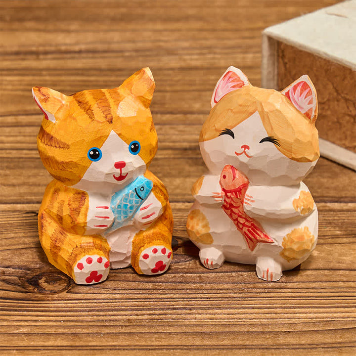 Buddha Stones Natural Wood Hand Painted Lucky Cat Wealth Cute Animal Decor - image 0