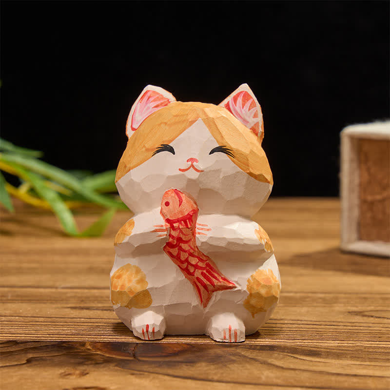 Buddha Stones Natural Wood Hand Painted Lucky Cat Wealth Cute Animal Decor - Orange Fish - image 1