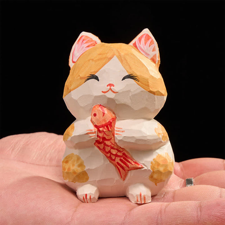 Buddha Stones Natural Wood Hand Painted Lucky Cat Wealth Cute Animal Decor - image 4