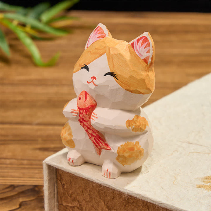 Buddha Stones Natural Wood Hand Painted Lucky Cat Wealth Cute Animal Decor - image 3