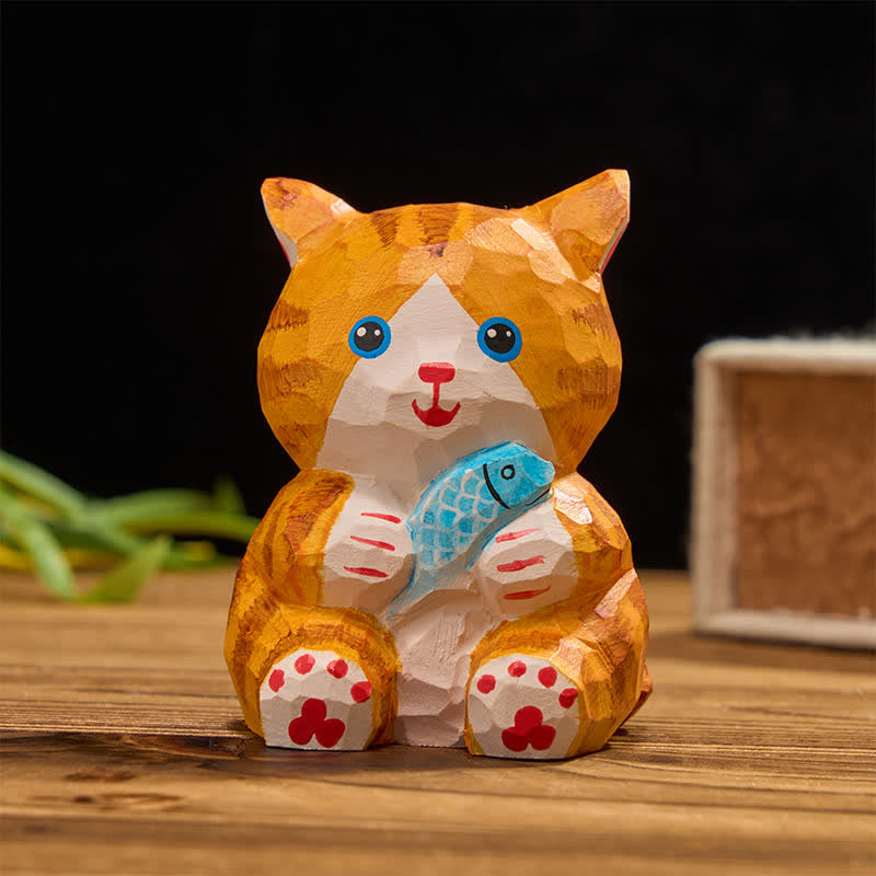 Buddha Stones Natural Wood Hand Painted Lucky Cat Wealth Cute Animal Decor - Blue Fish - image 6