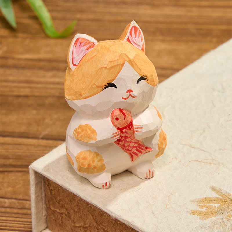 Buddha Stones Natural Wood Hand Painted Lucky Cat Wealth Cute Animal Decor - image 2