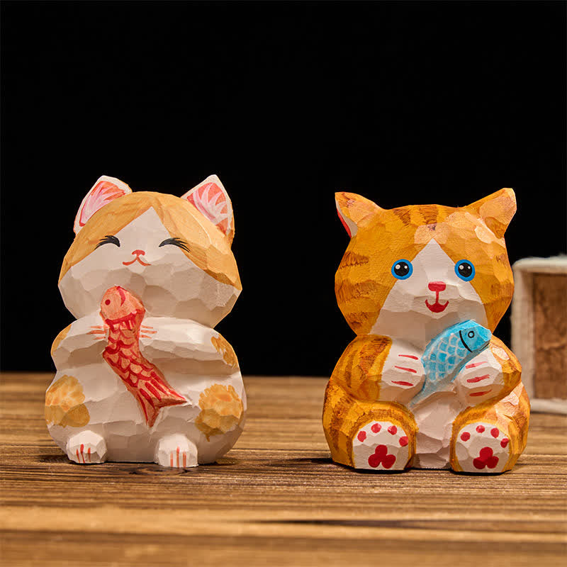 Buddha Stones Natural Wood Hand Painted Lucky Cat Wealth Cute Animal Decor - image 10