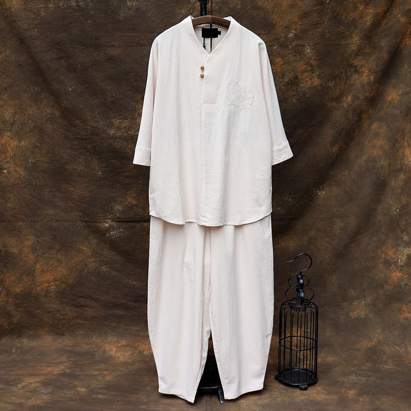Buddha Stones 2Pcs Spring Summer Tang Style Mandarin Collar Shirt Pants Embroidery Solid Cotton Men's Meditation Cloth With Pockets - Beige - US/UK/AU46，EU56 (5XL) - image 0