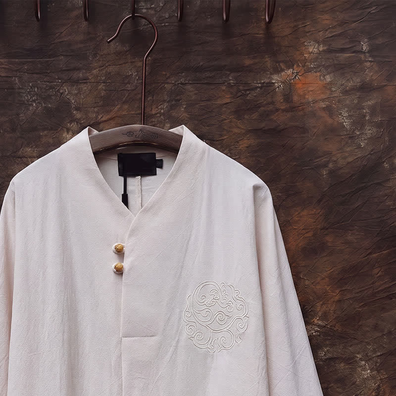 Buddha Stones 2Pcs Spring Summer Tang Style Mandarin Collar Shirt Pants Embroidery Solid Cotton Men's Meditation Cloth With Pockets - image 7