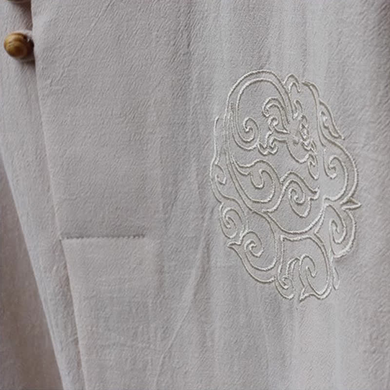 Buddha Stones 2Pcs Spring Summer Tang Style Mandarin Collar Shirt Pants Embroidery Solid Cotton Men's Meditation Cloth With Pockets - image 9