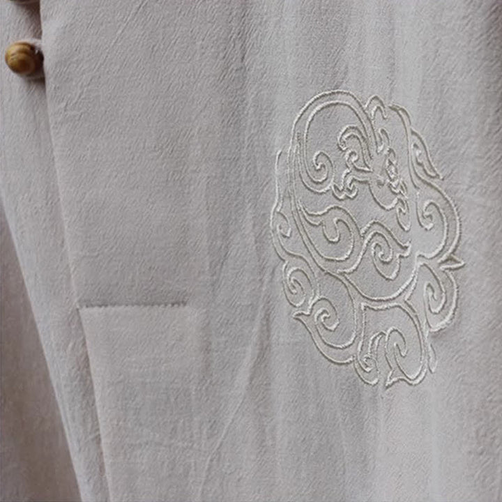 Buddha Stones 2Pcs Spring Summer Tang Style Mandarin Collar Shirt Pants Embroidery Solid Cotton Men's Meditation Cloth With Pockets - image 9