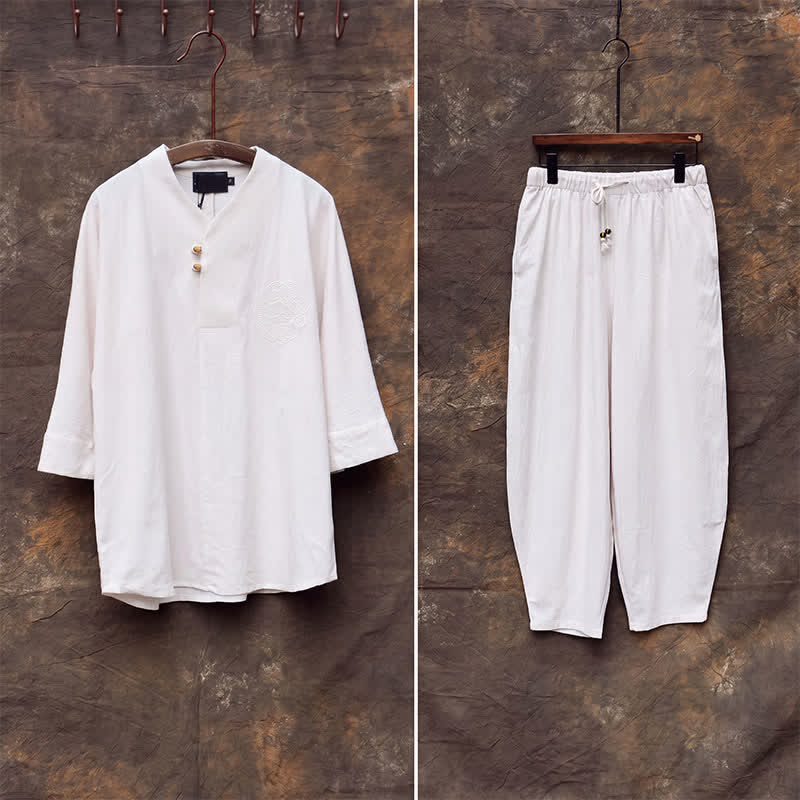 Buddha Stones 2Pcs Spring Summer Tang Style Mandarin Collar Shirt Pants Embroidery Solid Cotton Men's Meditation Cloth With Pockets - image 5