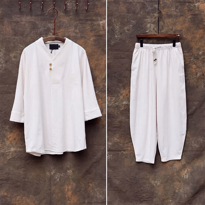 Buddha Stones 2Pcs Spring Summer Tang Style Mandarin Collar Shirt Pants Embroidery Solid Cotton Men's Meditation Cloth With Pockets - image 5