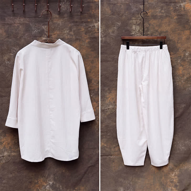 Buddha Stones 2Pcs Spring Summer Tang Style Mandarin Collar Shirt Pants Embroidery Solid Cotton Men's Meditation Cloth With Pockets - image 6