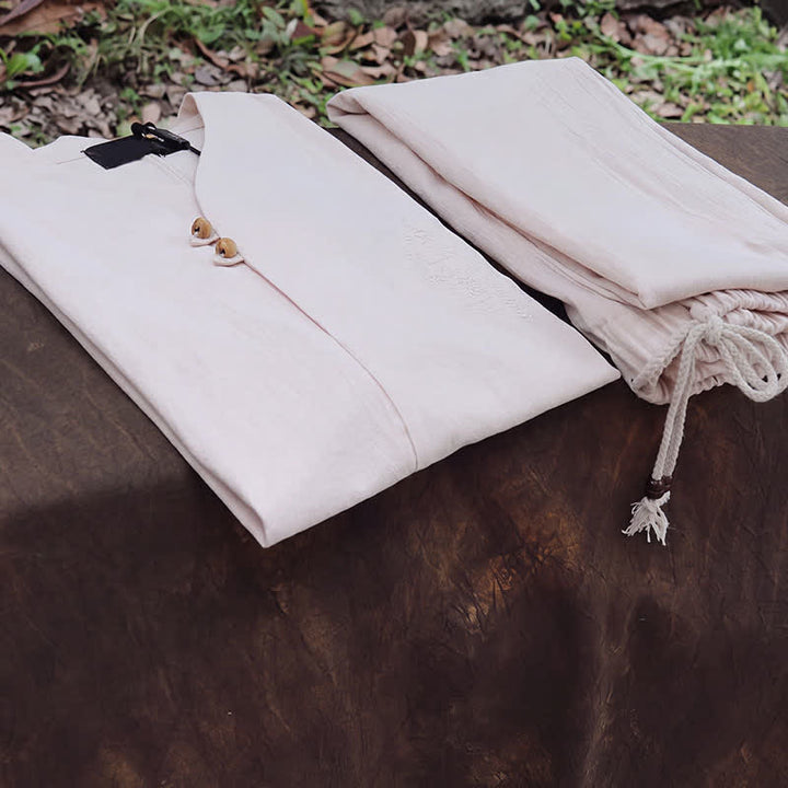 Buddha Stones 2Pcs Spring Summer Tang Style Mandarin Collar Shirt Pants Embroidery Solid Cotton Men's Meditation Cloth With Pockets - image 4