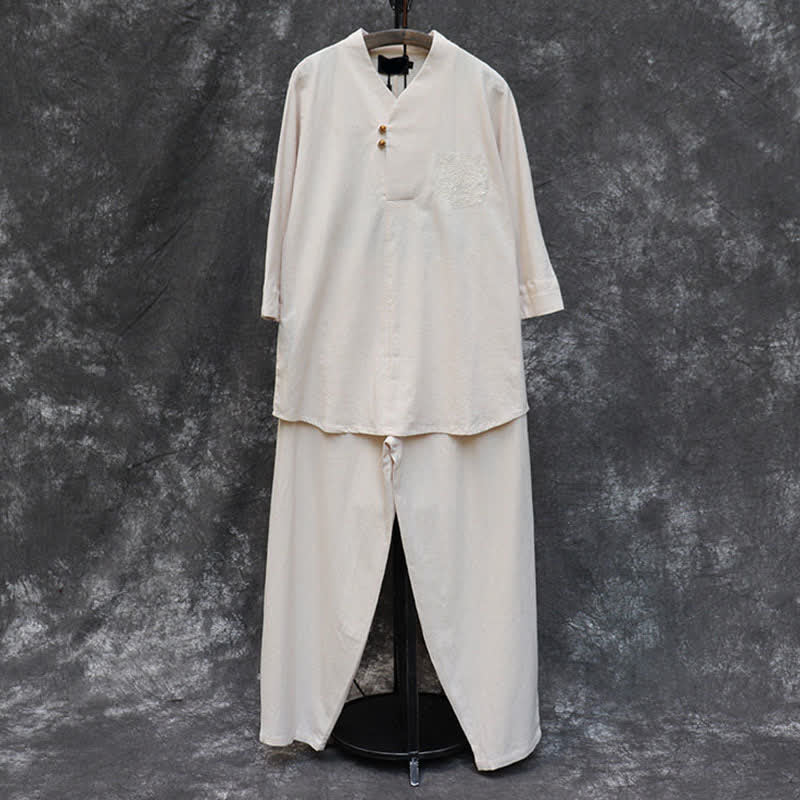 Buddha Stones 2Pcs Spring Summer Tang Style Mandarin Collar Shirt Pants Embroidery Solid Cotton Men's Meditation Cloth With Pockets - image 3