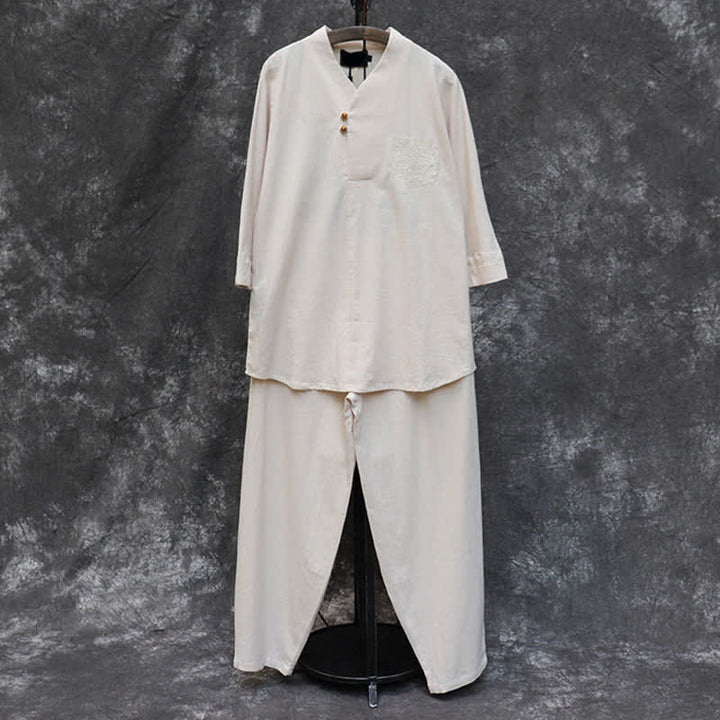 Buddha Stones 2Pcs Spring Summer Tang Style Mandarin Collar Shirt Pants Embroidery Solid Cotton Men's Meditation Cloth With Pockets - image 3
