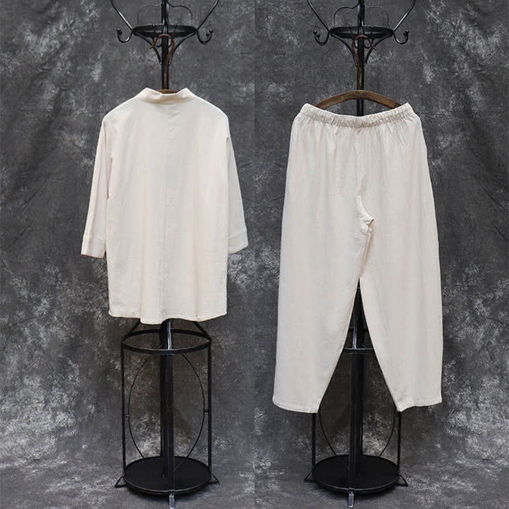 Buddha Stones 2Pcs Spring Summer Tang Style Mandarin Collar Shirt Pants Embroidery Solid Cotton Men's Meditation Cloth With Pockets - image 2