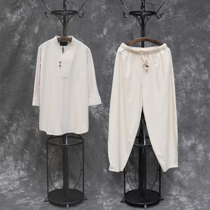 Buddha Stones 2Pcs Spring Summer Tang Style Mandarin Collar Shirt Pants Embroidery Solid Cotton Men's Meditation Cloth With Pockets - image 1