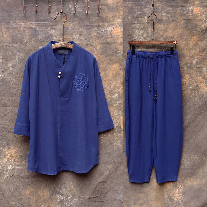 Buddha Stones 2Pcs Spring Summer Tang Style Mandarin Collar Shirt Pants Embroidery Solid Cotton Men's Meditation Cloth With Pockets - image 19
