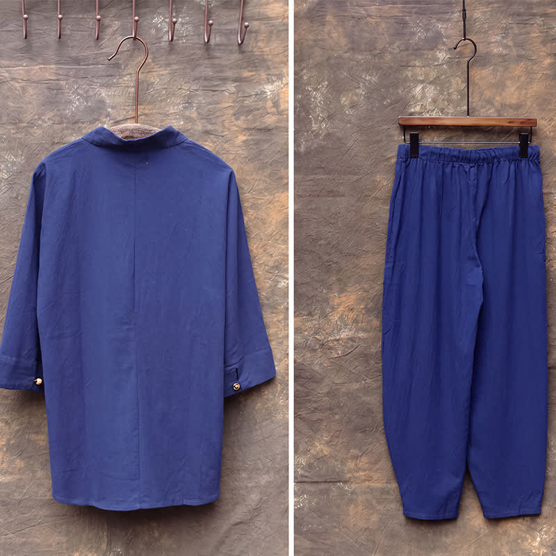 Buddha Stones 2Pcs Spring Summer Tang Style Mandarin Collar Shirt Pants Embroidery Solid Cotton Men's Meditation Cloth With Pockets - image 20