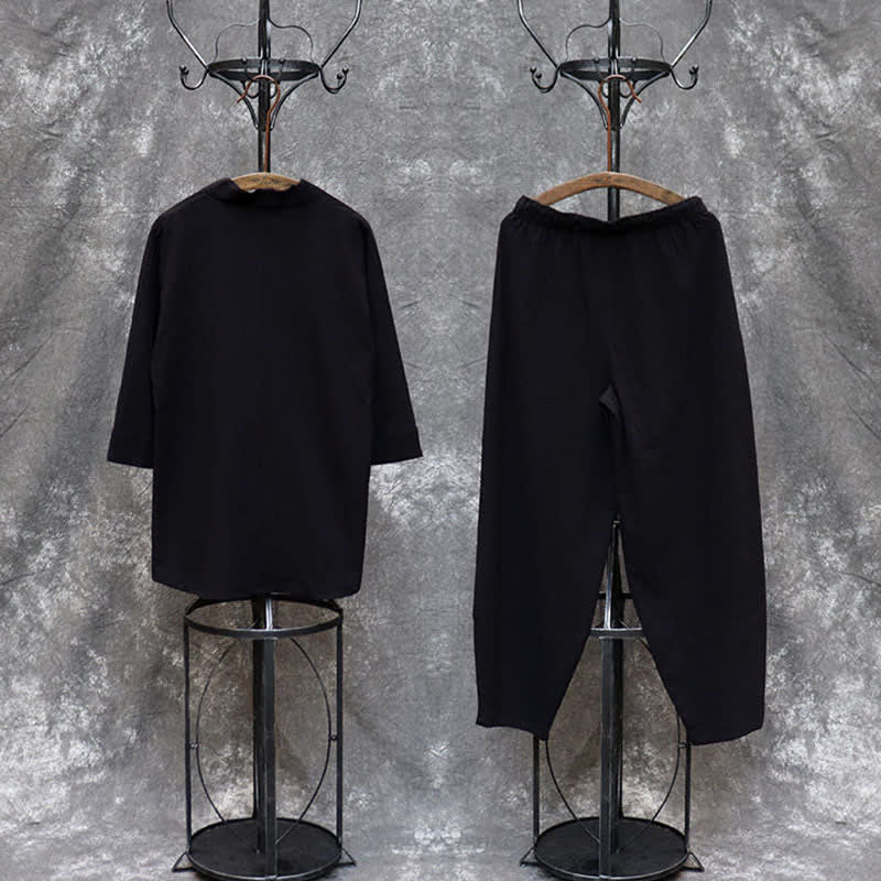 Buddha Stones 2Pcs Spring Summer Tang Style Mandarin Collar Shirt Pants Embroidery Solid Cotton Men's Meditation Cloth With Pockets - image 25