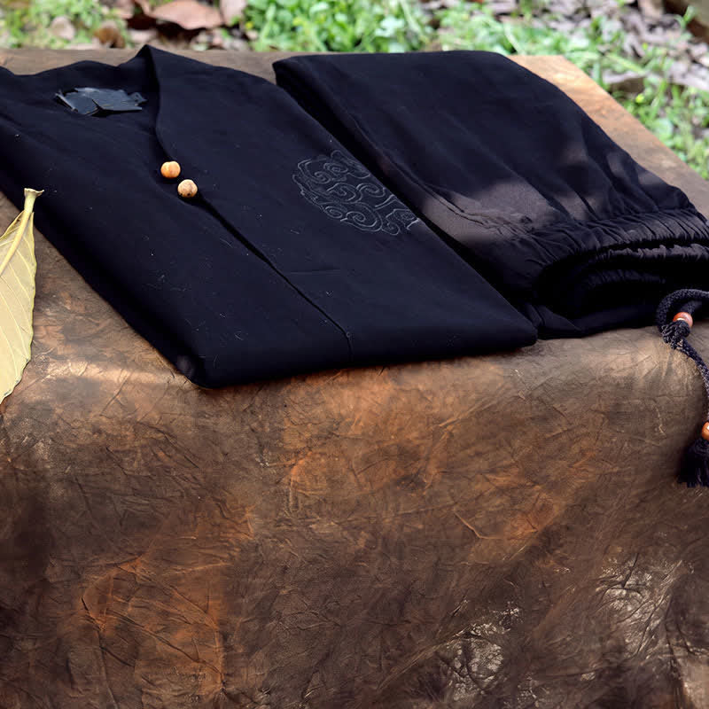 Buddha Stones 2Pcs Spring Summer Tang Style Mandarin Collar Shirt Pants Embroidery Solid Cotton Men's Meditation Cloth With Pockets - image 26