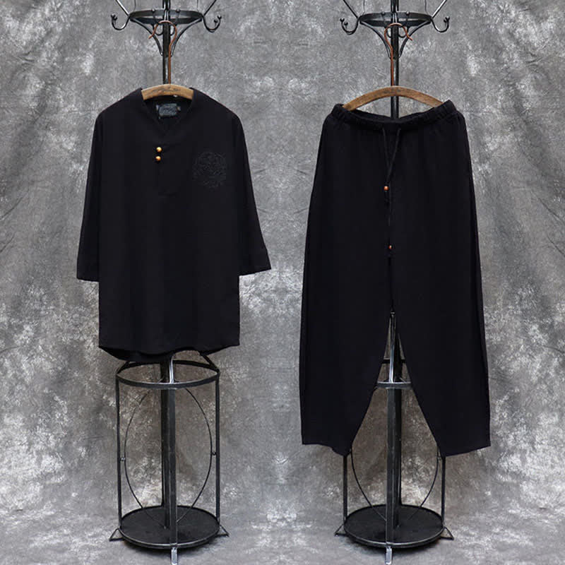 Buddha Stones 2Pcs Spring Summer Tang Style Mandarin Collar Shirt Pants Embroidery Solid Cotton Men's Meditation Cloth With Pockets - image 24