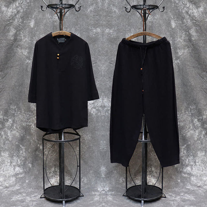 Buddha Stones 2Pcs Spring Summer Tang Style Mandarin Collar Shirt Pants Embroidery Solid Cotton Men's Meditation Cloth With Pockets - image 24