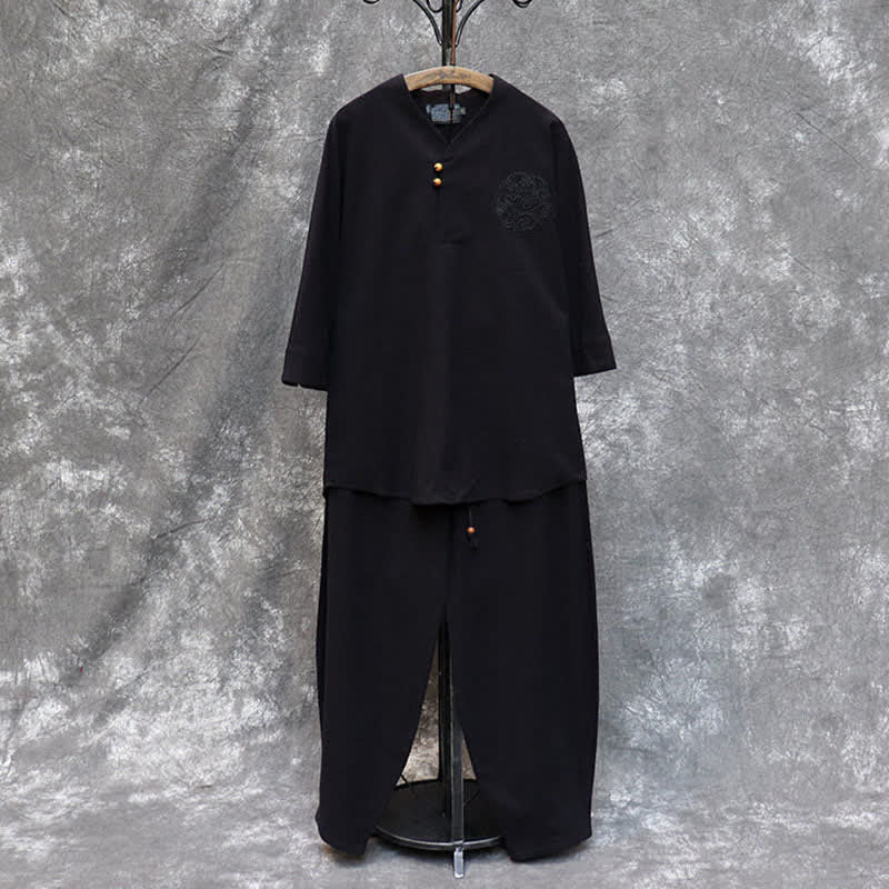 Buddha Stones 2Pcs Spring Summer Tang Style Mandarin Collar Shirt Pants Embroidery Solid Cotton Men's Meditation Cloth With Pockets - image 23
