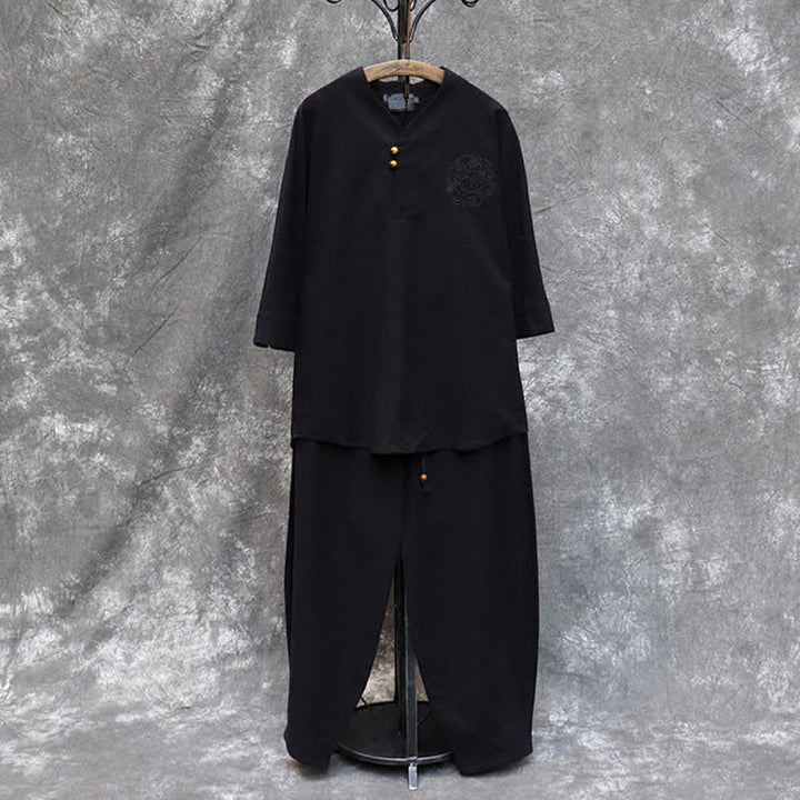 Buddha Stones 2Pcs Spring Summer Tang Style Mandarin Collar Shirt Pants Embroidery Solid Cotton Men's Meditation Cloth With Pockets - image 23