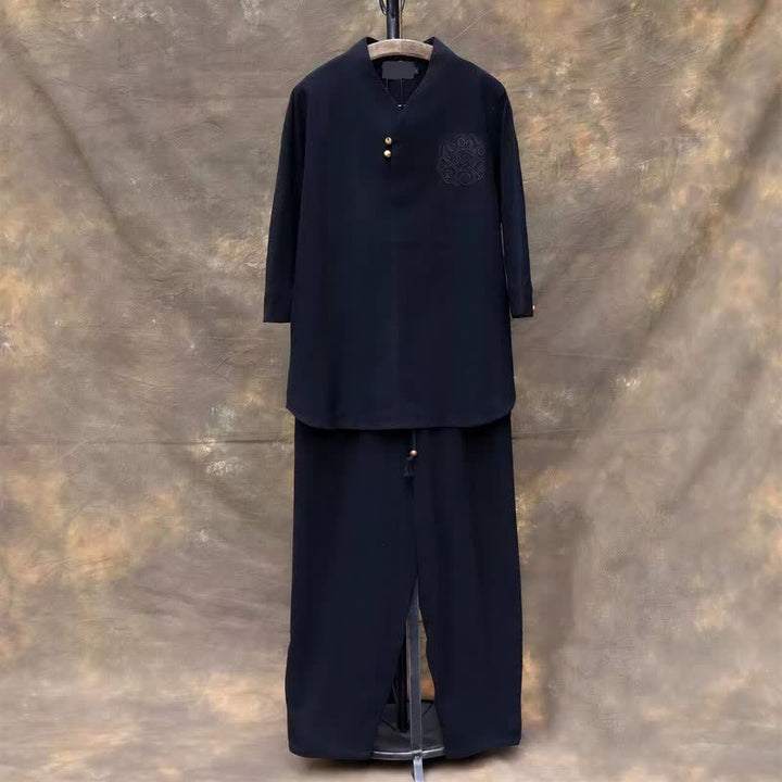 Buddha Stones 2Pcs Spring Summer Tang Style Mandarin Collar Shirt Pants Embroidery Solid Cotton Men's Meditation Cloth With Pockets - Black - US/UK/AU46，EU56 (5XL) - image 22