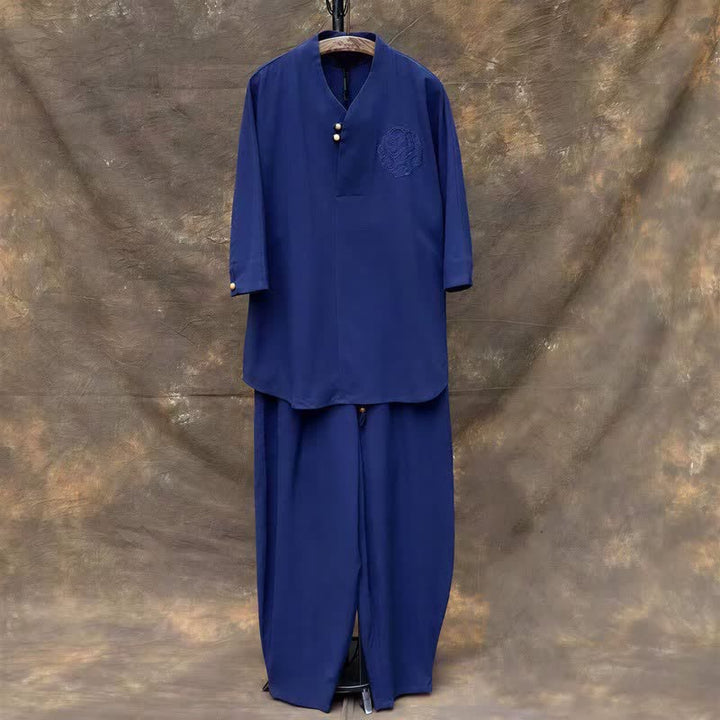 Buddha Stones 2Pcs Spring Summer Tang Style Mandarin Collar Shirt Pants Embroidery Solid Cotton Men's Meditation Cloth With Pockets - RoyalBlue - US/UK/AU46，EU56 (5XL) - image 18