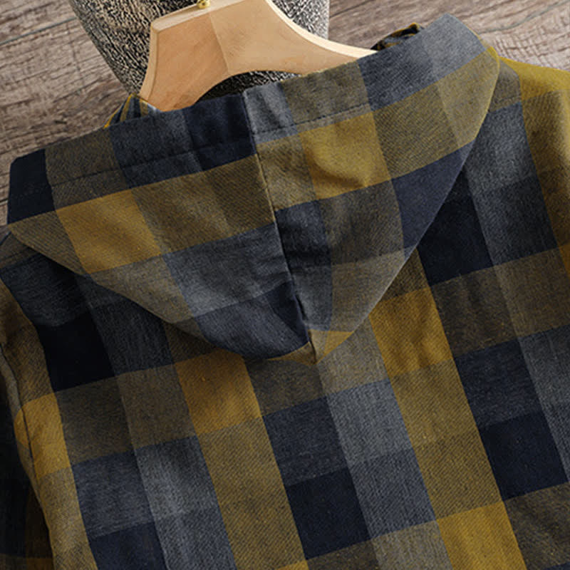 Buddha Stones Fall Casual Vintage Button-Up Drawstring Plaid Women's Hoodies With Pocket - image 3