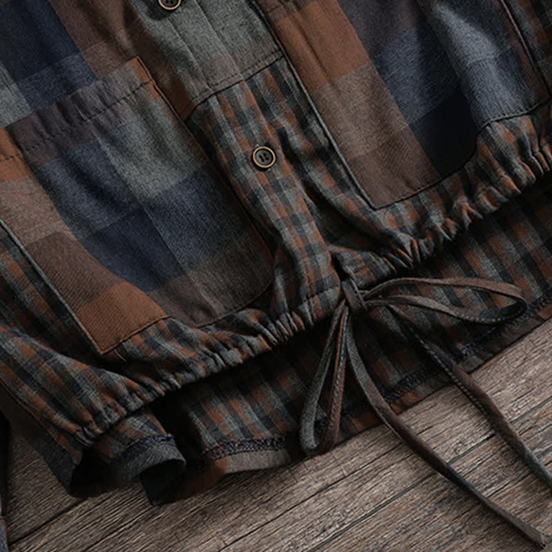 Buddha Stones Fall Casual Vintage Button-Up Drawstring Plaid Women's Hoodies With Pocket - image 22