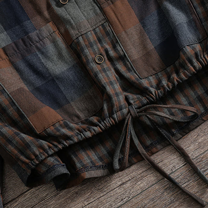 Buddha Stones Fall Casual Vintage Button-Up Drawstring Plaid Women's Hoodies With Pocket - image 22