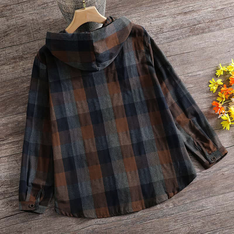 Buddha Stones Fall Casual Vintage Button-Up Drawstring Plaid Women's Hoodies With Pocket - image 14