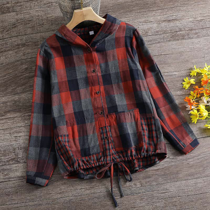 Buddha Stones Fall Casual Vintage Button-Up Drawstring Plaid Women's Hoodies With Pocket - Tomato - US8-10, UK/AU12-14, EU40-42 (2XL) - image 32