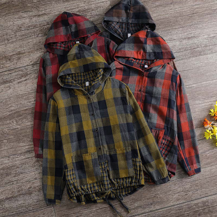Buddha Stones Fall Casual Vintage Button-Up Drawstring Plaid Women's Hoodies With Pocket - image 40