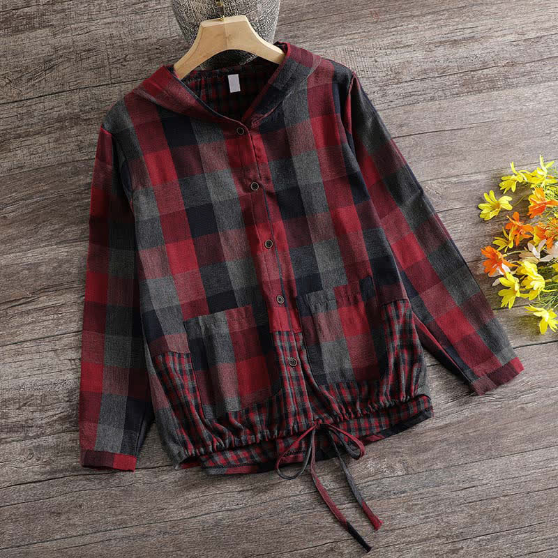 Buddha Stones Fall Casual Vintage Button-Up Drawstring Plaid Women's Hoodies With Pocket - FireBrick - US8-10, UK/AU12-14, EU40-42 (2XL) - image 23