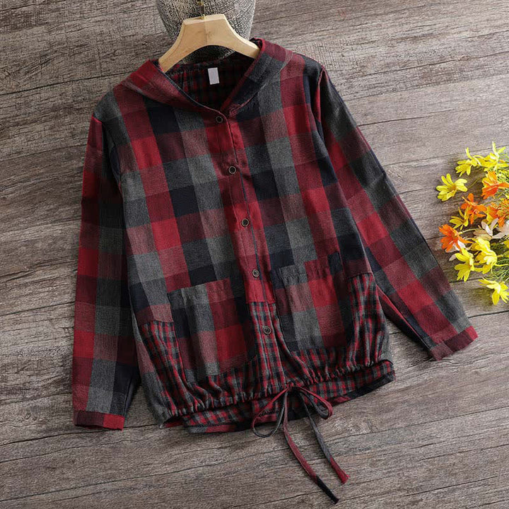 Buddha Stones Fall Casual Vintage Button-Up Drawstring Plaid Women's Hoodies With Pocket - FireBrick - US8-10, UK/AU12-14, EU40-42 (2XL) - image 23