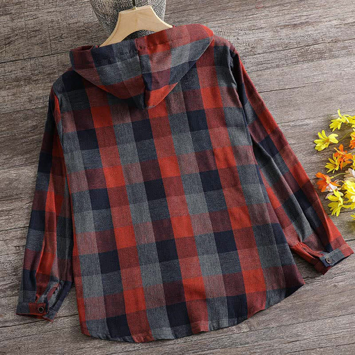 Buddha Stones Fall Casual Vintage Button-Up Drawstring Plaid Women's Hoodies With Pocket - image 33